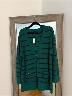 Talbots “Jolly” Green and Navy Striped V‑Neck Cardigan